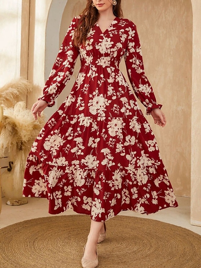  Damen Maxidress Casual kleid Schaukelkleid A Linie Kleid Brautkleider schlicht Täglich Regular Fit Blumen Langarm V Ausschnitt Weiß Rote Sommer Frühling Herbst