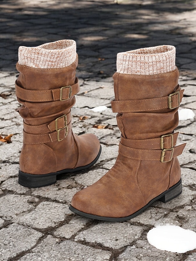 Women's Faux Leather Mid-Calf Boots with Knit Cuff and Double Buckle Straps – Cozy and Stylish Winter Footwear 16