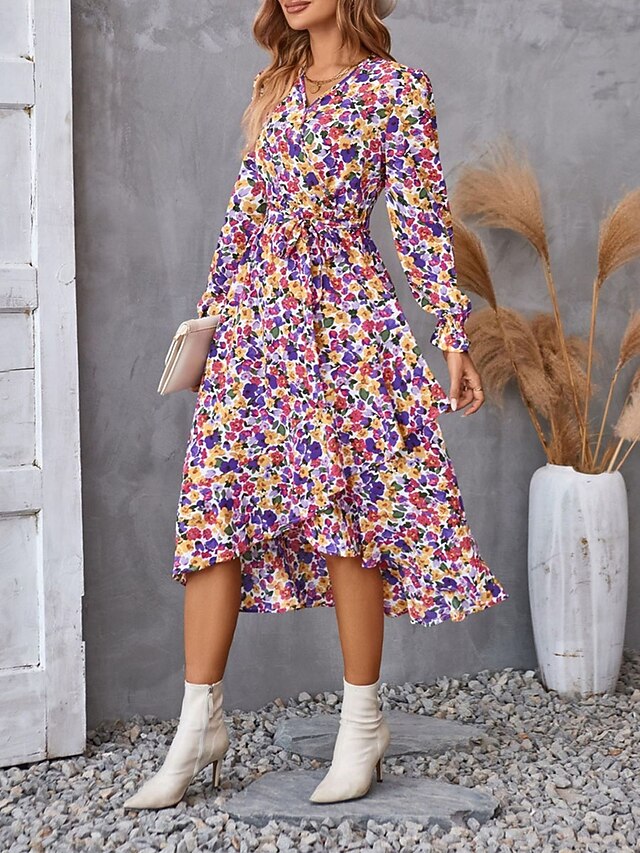  kvinnors blommiga v-ringad midiklänning långärmad sommar vår