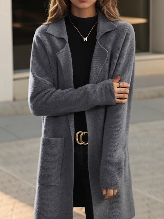  Damskie Sweter Sweter rozpinany Sweter kurtka Elegancja Codzienny Miękkie Czyste kolory Kołnierzyk koszuli Kieszeń Dzianiny Długi rękaw Długie topy Robić na drutach Dom Codzienny Weekend Czarny