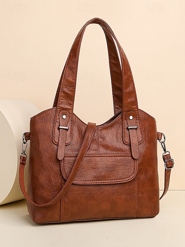  vintage brun konstläderväska för kvinnor med dubbla handtag och justerbar crossbody-rem – rymlig och elegant för dagligt bruk