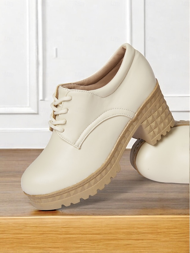  Women's Ivory Lace-Up Platform Oxford Shoes – Chunky Heels with Textured Soles for Casual and Office Wear