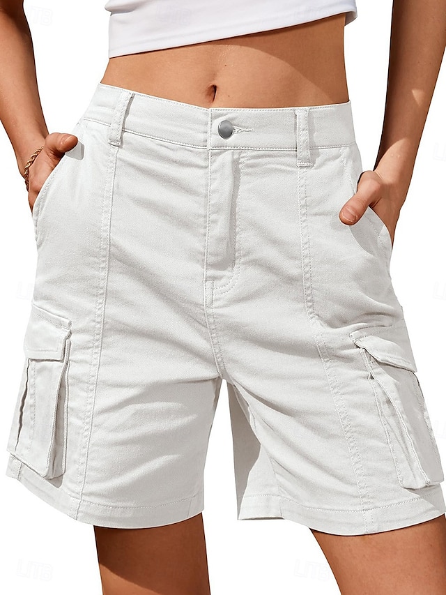  Dame Normal Shorts med lommer Afslappet Hverdag Knælængde Medium Talje Helfarve Multi lomme comfy Hurtigtørrende Svedtransporende Mikroelastisk udendørs Sort Hvid Grå Sommer Regulær