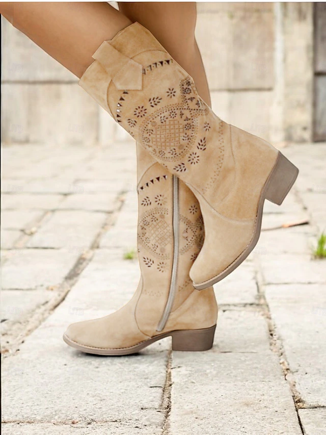 Women's Grey Embroidered Western Cowboy Boots with Laser Cut Detailing – Vintage Style Mid-Calf Riding Boots for Casual and Outdoor Wear 8