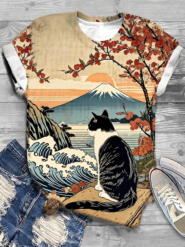  Dam T-shirt Katt Ledigt Kortärmad Rund hals Vanliga toppar Dagligen Mönster Kaki Sommar