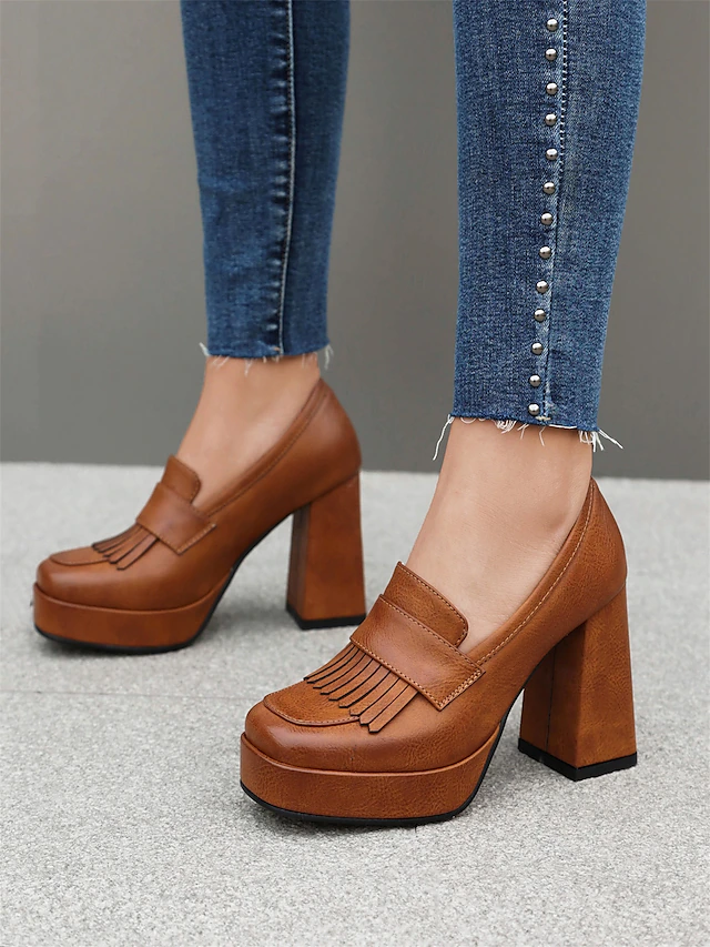 Women's Brown Platform Loafer Heels with Tassel Fringe – Retro Chunky Block High Heel Shoes for Casual and Party Wear 31