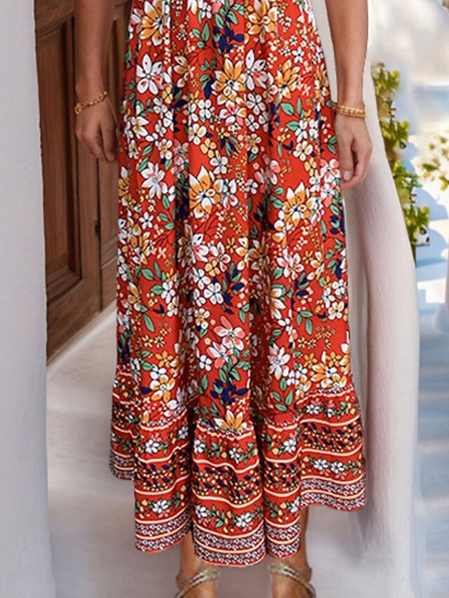  Damen Maxidress Casual kleid Schaukelkleid A Linie Kleid Boho-Kleid Brautkleider schlicht Täglich Regular Fit Blumen Kurzarm V Ausschnitt Rote Sommer Frühling Herbst