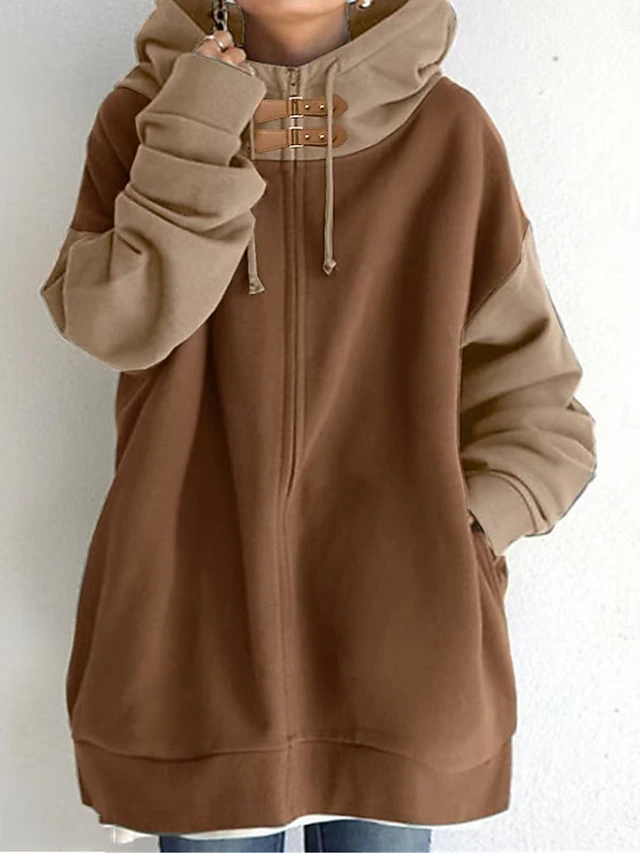 Women's Hoodie Sweatshirt Casual Plain Street Dailywear Hoodie Patchwork Zipper Pocket Long Sleeve Black Coffee Fall Winter4