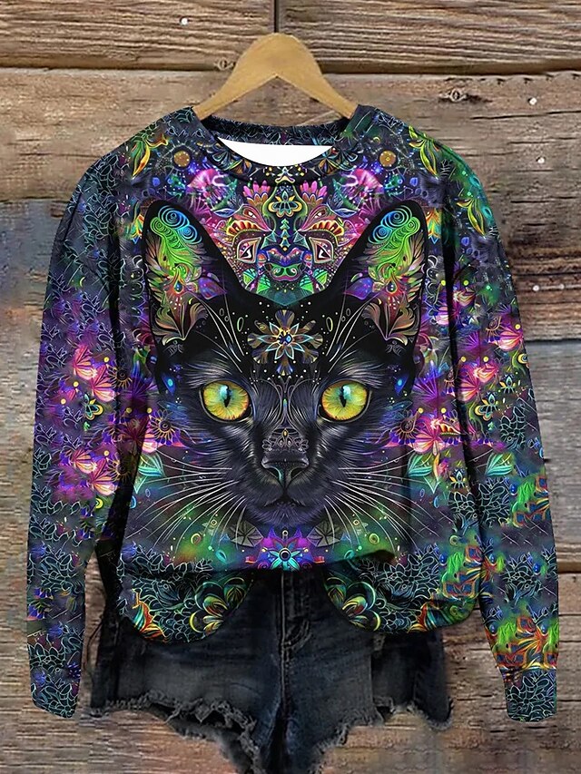 pull femme décontracté chat vêtements de tous les jours décontracté col rond imprimé manches longues violet automne hiver