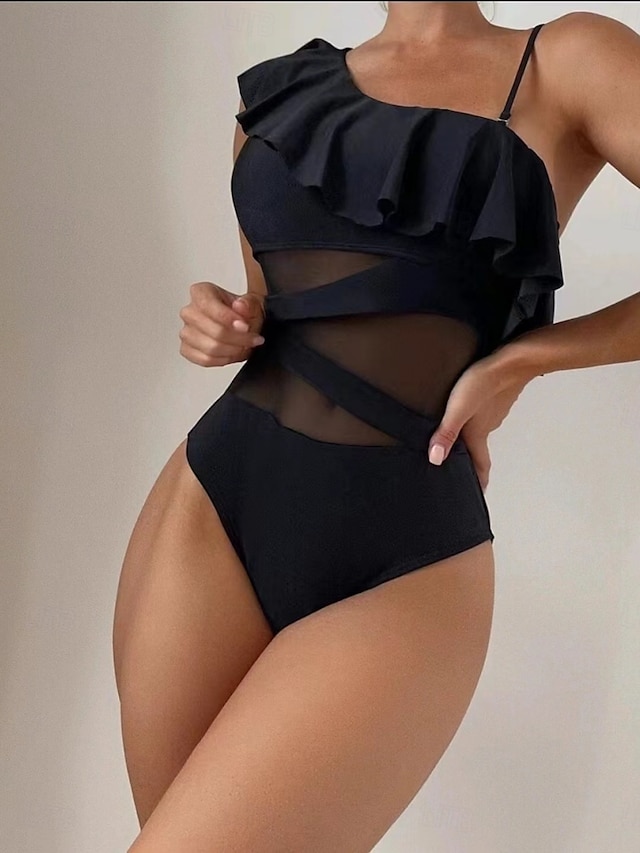  Dam Badkläder En bit Monokini Baddräkt Volang Nät Öppen rygg Magkontroll Hög midja Semester Standkläder Ensfärgat Halterneck Ärmlös Baddräkter