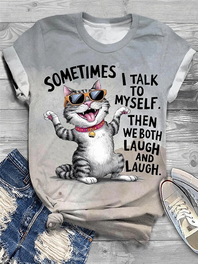 Women's T Shirt Cat Letter Casual Short Sleeve Round Neck Regular Tops Daily Print Gray Summer4