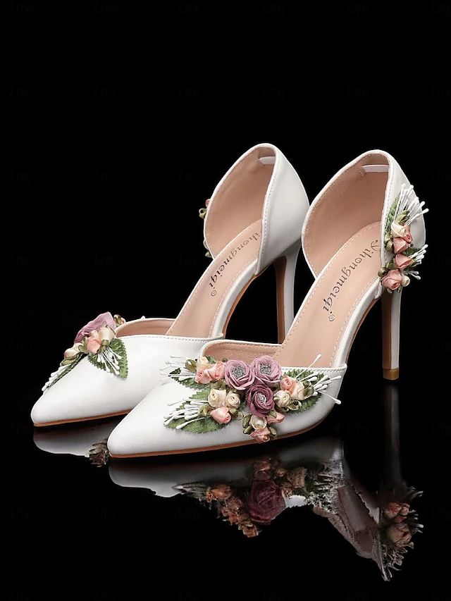 Women's White Wedding Heels with Floral Embellishments - Elegant Pointed Toe Design, Ankle Strap, and Stiletto Heel, Perfect for Bridal and Special Occasions 14