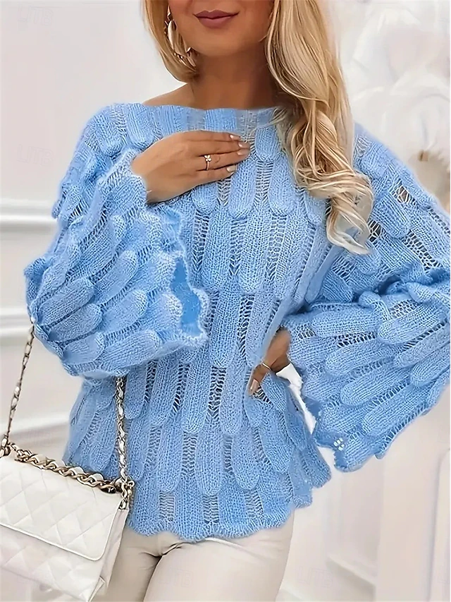 Women's Sweater Casual Soft Pure Color Ribbed Crew Neck Knitted Long Sleeve Regular Tops Knit Outdoor Daily Weekend Blue Fall Winter 6