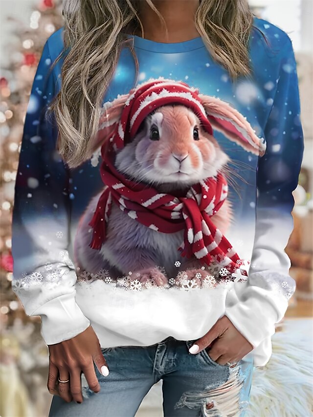 Women's Sweatshirt Polyester Rabbit Snowflake Street Print Casual Crew Neck Long Sleeve Micro-elastic Fall Winter Comfrt Breathable Soft Fabric4