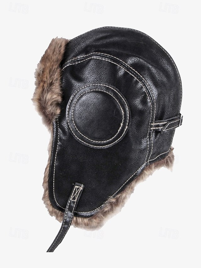 Men's Plush hat Black Coffee PU Leather Warm Cool Old effect Fall