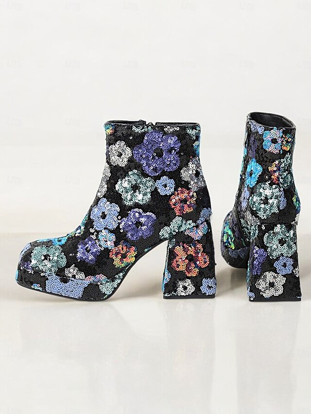 Women's Sequin Floral Ankle Boots – Glittering Platform Block Heels for Parties and Events 12