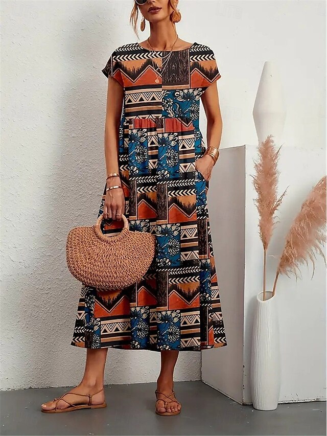  Dam Maxiklänning Vardagsklänning Swingklänning Boho-klänning Vintage Ledigt Dagligen Normal Blommig Färgblock Kortärmad Rund hals Gul Rubinrött Blå Sommar Vår Höst