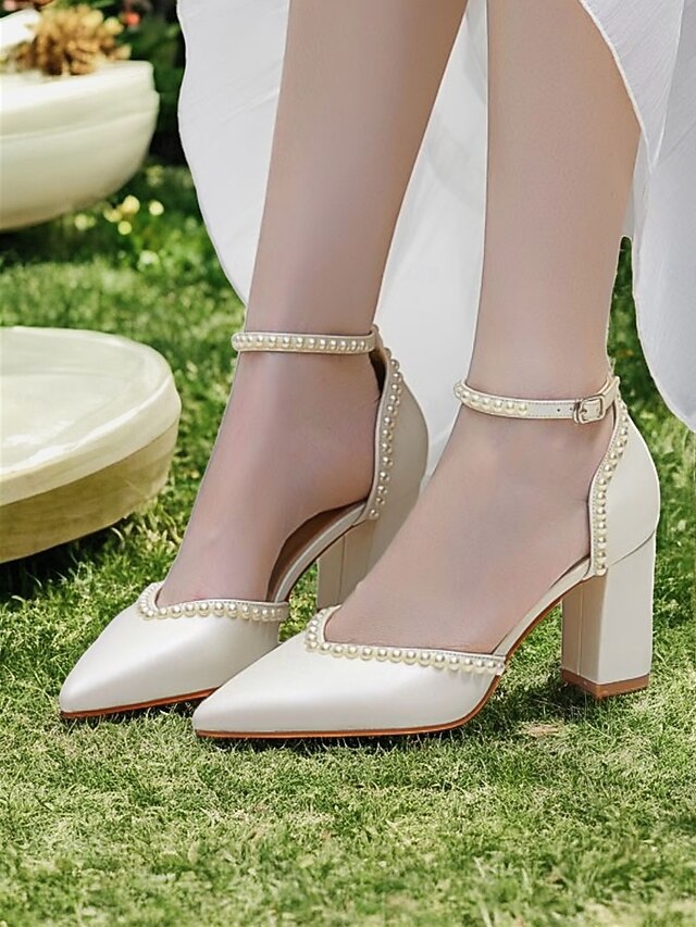 Elegant Women's Pearl-Embellished Wedding Heels, Pointed Toe Ankle Strap Ivory Block Pumps for Bridal and Formal Events 8