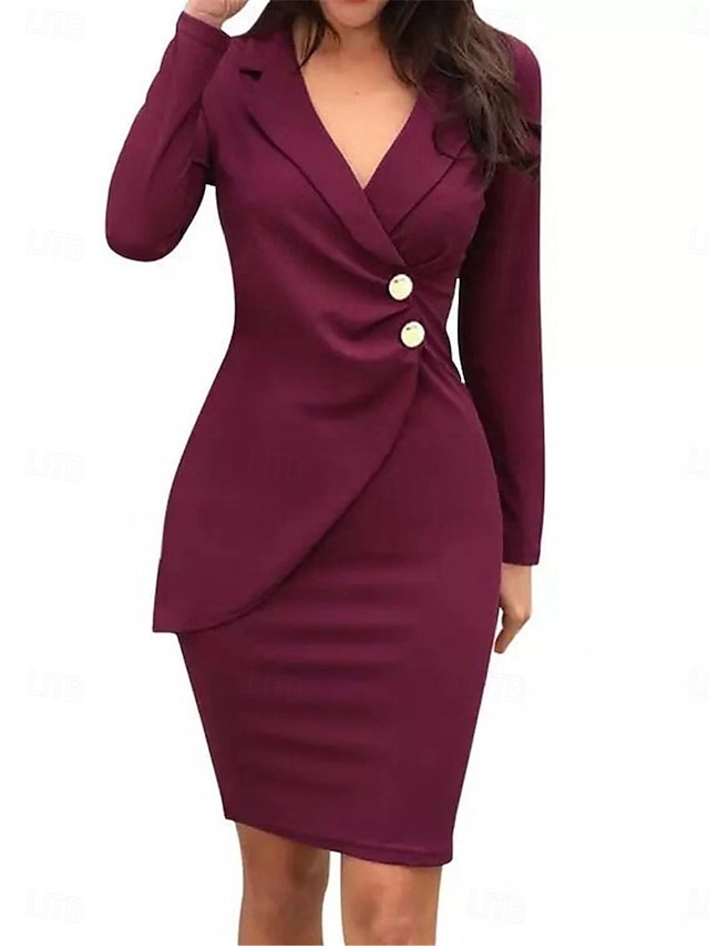  Women's Casual Dress Mini Dress Patchwork Buttons Casual Formal V Neck Long Sleeve Black Wine Gray Color