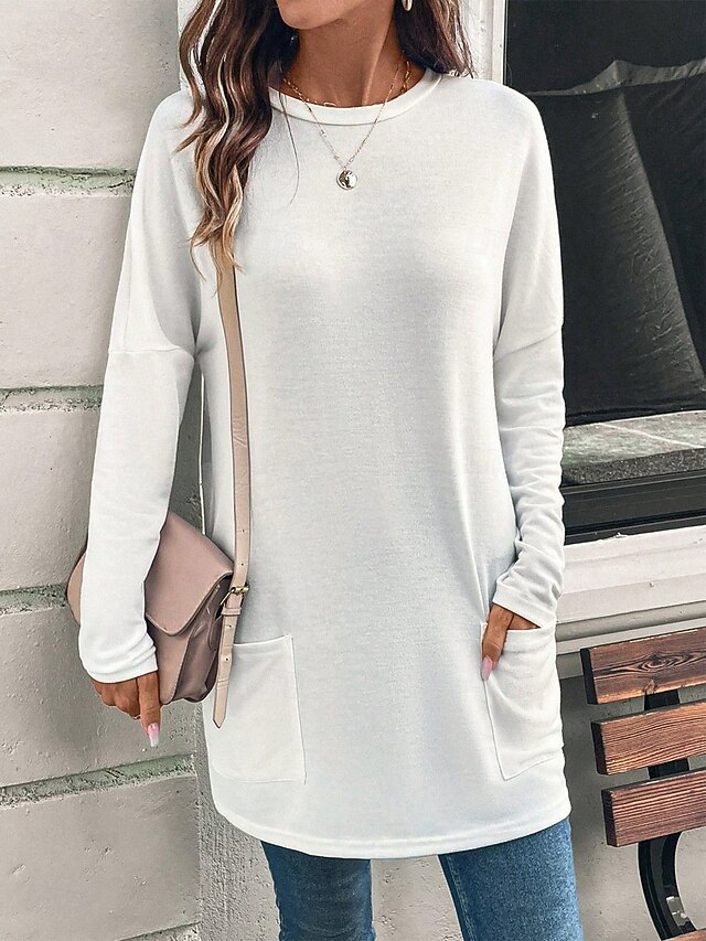 Women's T Shirt Plain Fashion Modern Casual Long Sleeve Crew Neck Regular Tops Daily Weekend Patchwork White Pink Red Fall Winter4