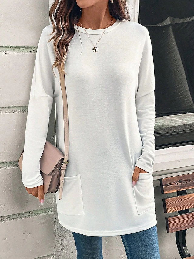 Women's T Shirt Plain Fashion Modern Casual Long Sleeve Crew Neck Regular Tops Daily Weekend Patchwork White Pink Red Fall Winter4