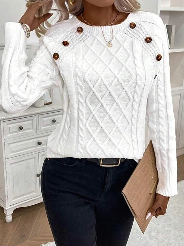 Women's Sweater Casual Soft Pure Color Cable Crew Neck Buttons Knitted Long Sleeve Regular Tops Knit Outdoor Daily Weekend Black White Fall Winter 17