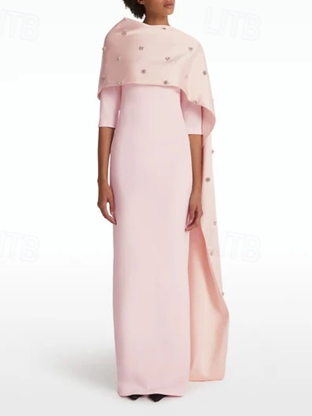  Säulenabendkleid Elegantes Kleid Formelle Hochzeit Bodenlänge 3/4-Länge Ärmel Juwelenhals Stretch-Crepé mit Strass Glitzerkristallen