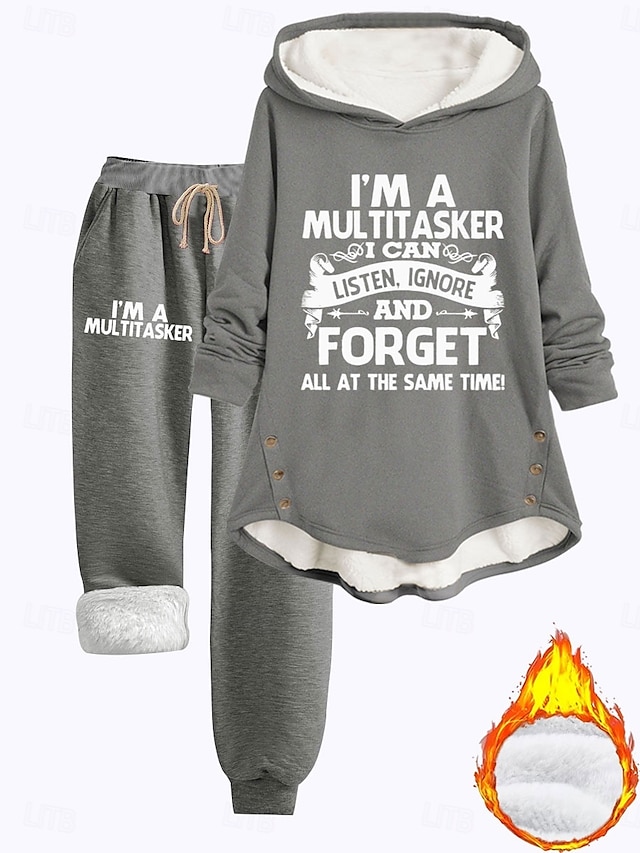  Ensembles de sweats à capuche 2 pièces pour femmes pantalons en polaire à manches longues quotidien à capuche lettre tirage impression décontractée noir rose foncé gris automne coupe régulière