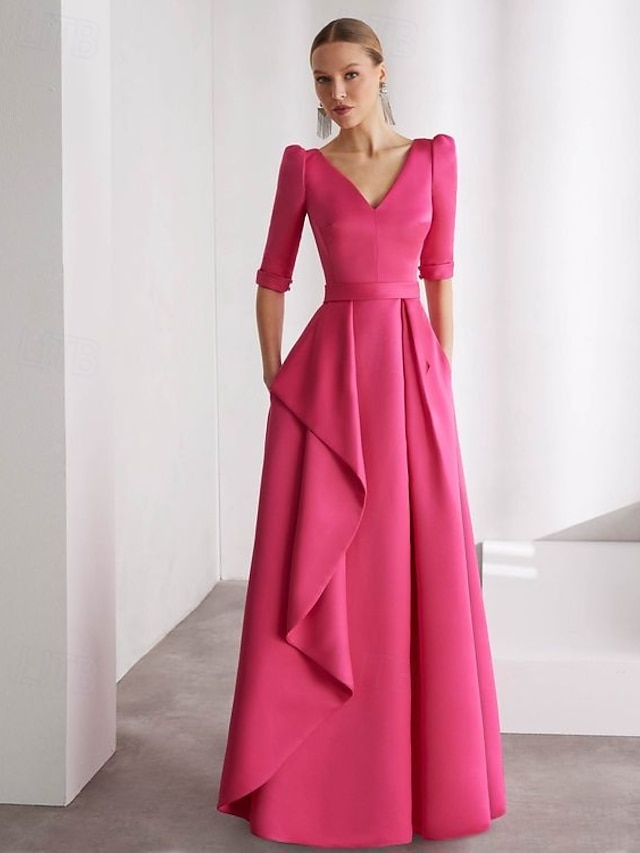  A-Linie Bodenlang Abiballkleider Abendkleid Ballkleid Festliche Kleidung Elegant seidig Halbarm V Ausschnitt Formell Weihnachten Rosa Kleid Satin mit Rüschen