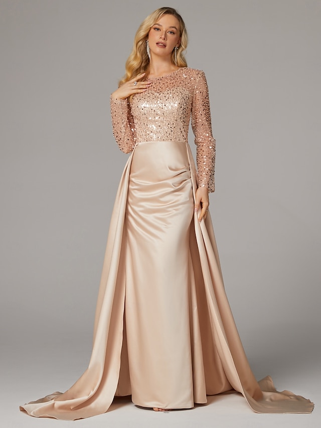  Meerjungfrau Abendkleid Elegantes Kleid Karneval Maskerade bodenlang langärmlig Illusions-Ausschnitt Champagner Brautmutter Kleid Satin mit Perlen Überrock