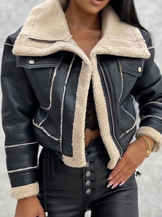 Women's Faux Leather Jacket Fleece Jacket Teddy Coat Warm Breathable Zipper Pocket Fleece Lined Casual Plain Vacation Street Daily Wear Going out Zipper Short Turndown Regular Fit Long Sleeve 12