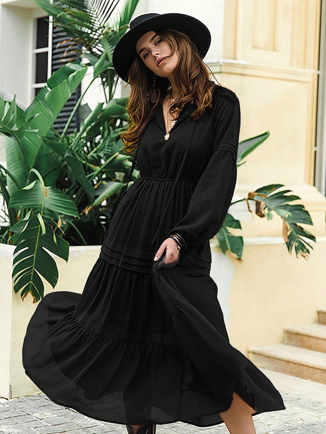  robe noire à volants en patchwork pour femme, robe longue, maxi, manches lanternes, élégante, décontractée, unie, col en V, manches longues, rendez-vous quotidien, été, printemps, noir