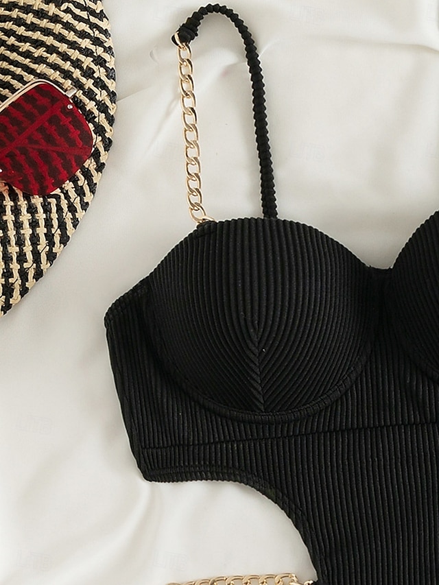  Dam Badkläder Bikini 2 st Kaxig Baddräkt Öppen rygg Smal Semester Standkläder Ensfärgat V-hals Ärmlös Baddräkter