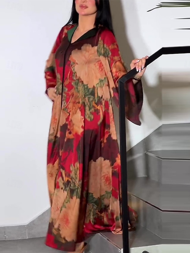  robe longue à fleurs pour femmes, col en V, manches longues, été, printemps