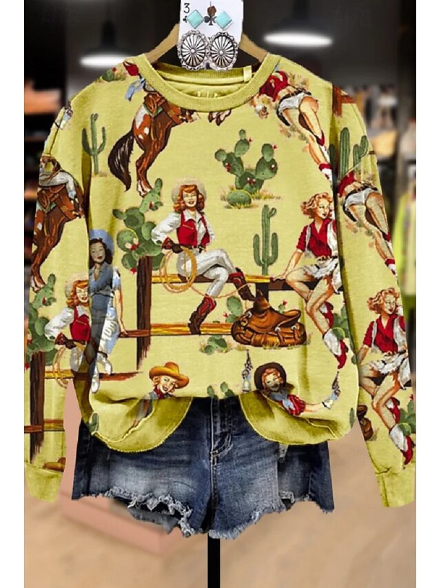 Women's Sweatshirt Vintage Western Ethnic Graphic Geometric Tribal Home Party Casual Round Neck Patchwork Print Long Sleeve Yellow Winter Fall & Winter4