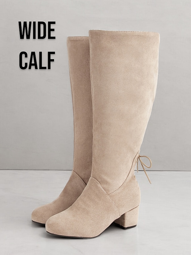  bottes hautes en daim beige à mollet large pour femmes avec talons épais – chaussures confortables et élégantes pour les tenues décontractées et hivernales