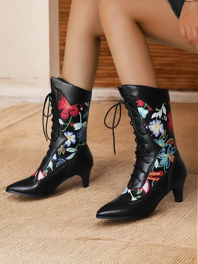 Women's Victorian Floral Embroidered Lace-Up Boots with Pointed Toe and Kitten Heel – Retro Gothic Style for Cosplay, Parties, and Daily Wear 14