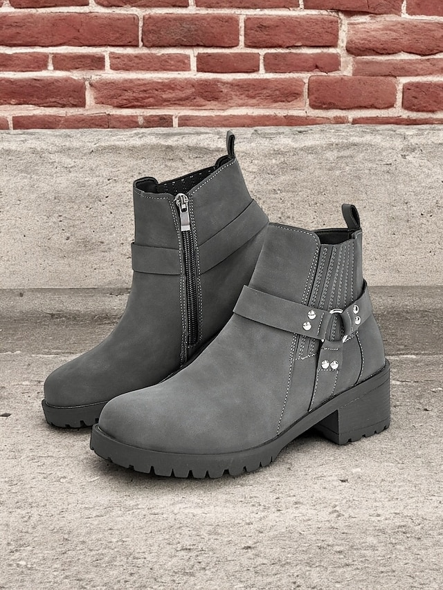 Women's Grey Ankle Boots – Stylish Block Heel with Strap Details, Side Zip, and Rugged Sole for Casual and Outdoor Wear 11