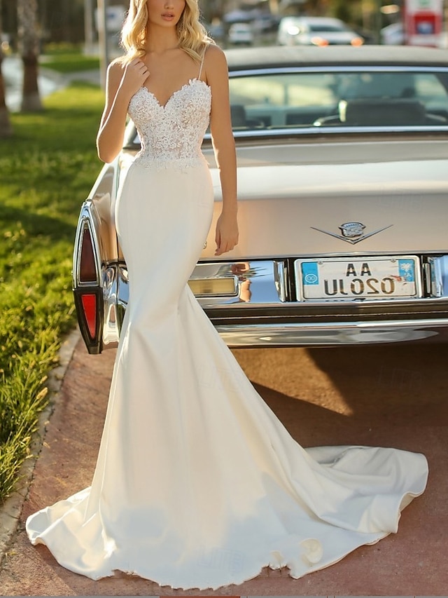 Wedding Dresses Mermaid / Trumpet V Neck Sleeveless Court Train