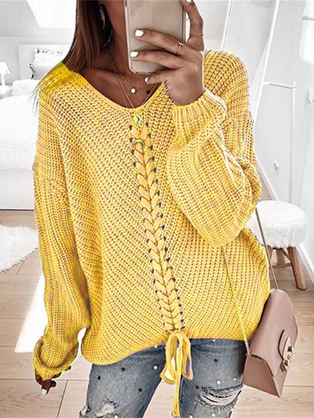 Women's Sweater Casual Soft Pure Color Cable V Neck Knitted Long Sleeve Regular Tops Knit Outdoor Daily Weekend Yellow Blue Fall Winter 5