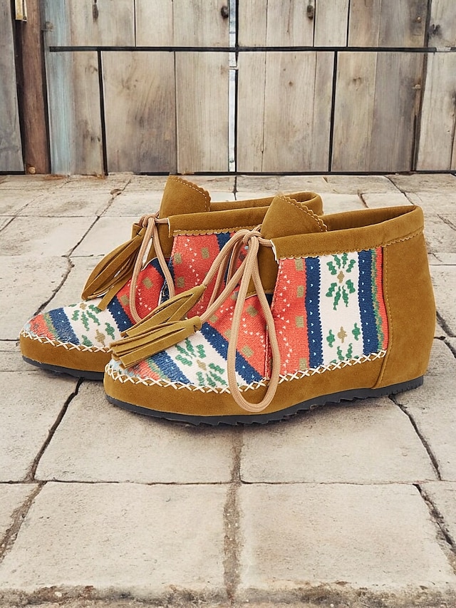  Women's Boho Ankle Boots with Ethnic Print Panels, Tassel Lace-Up Design, and Comfortable Low Sole – Perfect for Casual and Festival Wear