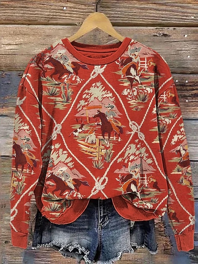  Women's Sweatshirt Vintage Western Print Graphic Plaid Tribal Home Work Casual Round Neck Patchwork Print Long Sleeve Red Fall & Winter