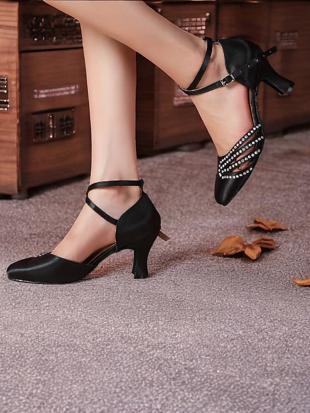 Women's Black Satin Dance Shoes with Rhinestone Straps, Soft Suede Sole and Mid-Heels โ Perfect for Latin, Salsa, and Ballroom Dancing 17