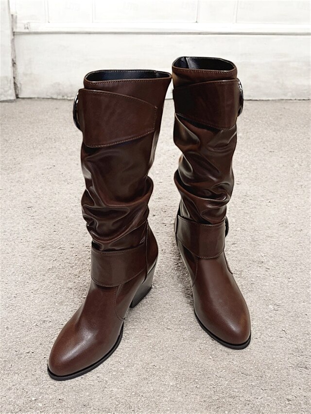 Women's Brown Mid-Calf Slouchy Boots with Decorative Buckle and Low Block Heel – Casual Western Style, Perfect for Fall and Winter Fashion 10