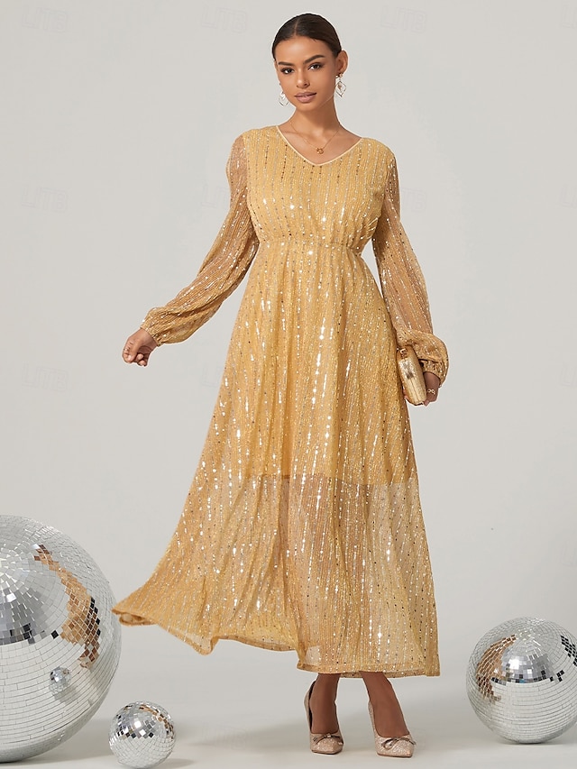  A-linjeformade festklänningar glittrande klänning bröllopsgäst ankellängd lång ärm juvelformad hals nylon med glitter