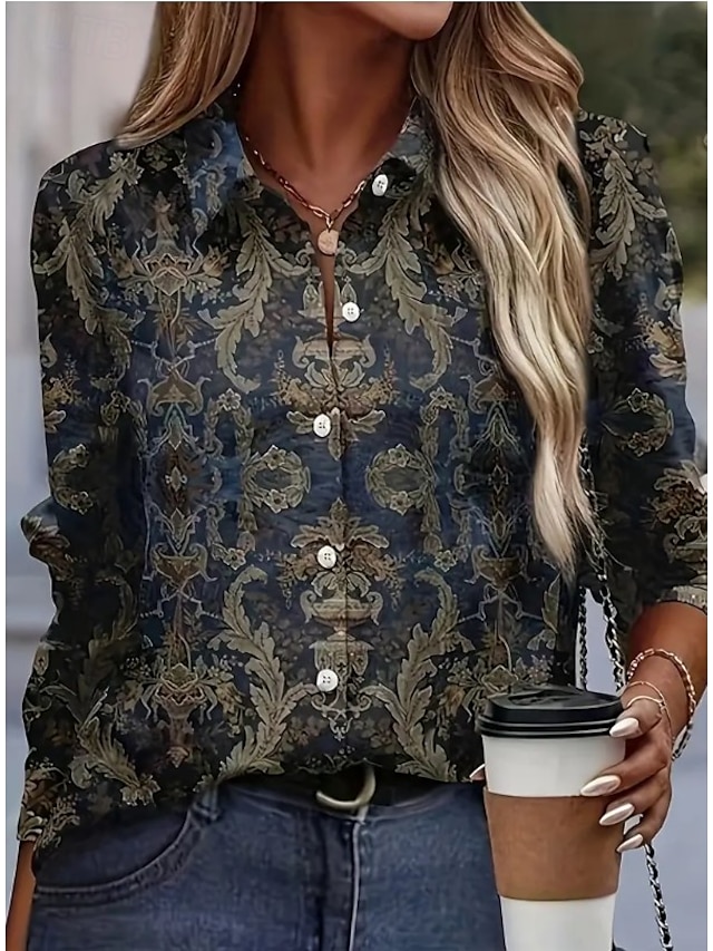  Women's Shirt Boho Shirt Long Sleeve V Neck Navy Blue Fall Winter