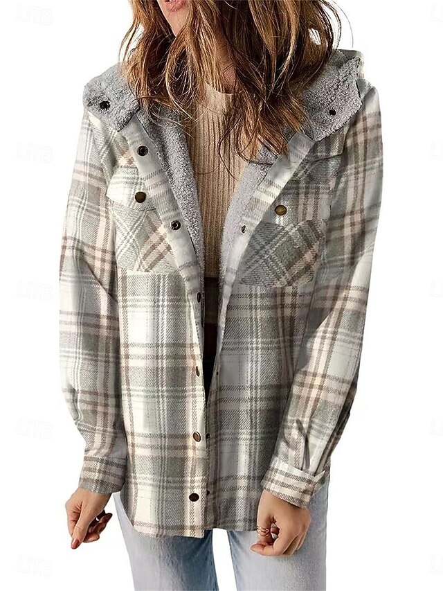 Women's Winter Coat Fleece Jacket Hoodie Jacket Outdoor Street Daily Wear Fall Winter Regular Coat Regular Fit Thermal Warm Breathable Stylish Casual Jacket Long Sleeve Stripes and Plaid with Pockets4