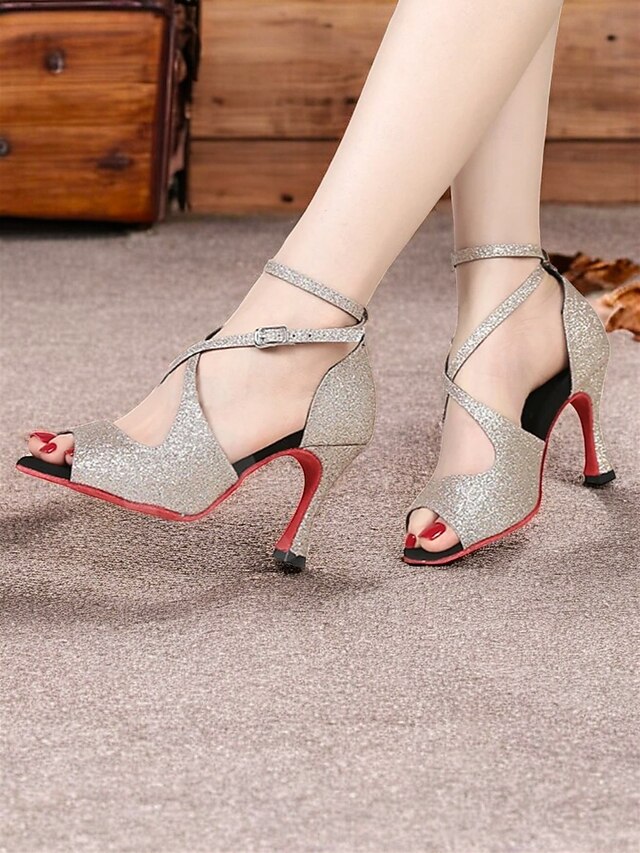 Women's Gold Glitter Latin Dance Shoes with Crisscross Straps, Soft Suede Sole and Open-Toe Design - High Heel Performance Shoes for Salsa, Tango, and Ballroom2