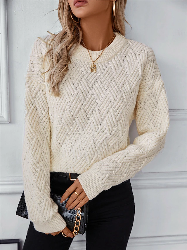 Women's Sweater Casual Soft Pure Color Ribbed Crew Neck Knitted Long Sleeve Regular Tops Knit Outdoor Daily Weekend Dark Gray Beige Fall Winter 11