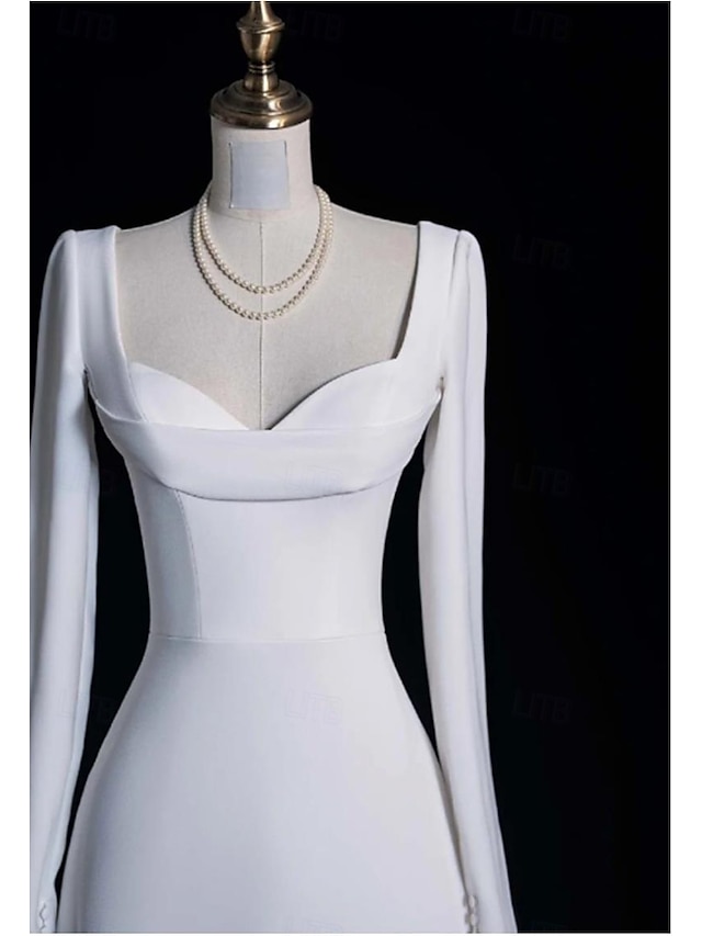  Hochzeitskleider A-Linie Reverskragen Lange Ärmel Gericht Zug Satin Brautkleider mit einfarbig